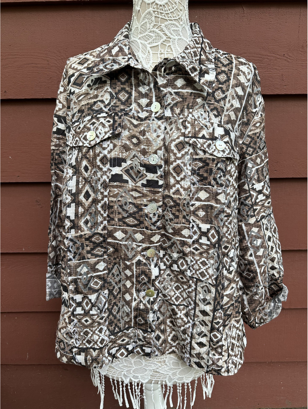 Ruby Rd. Brown Tribal Geometric Button Down Blouse Lightweight Jacket